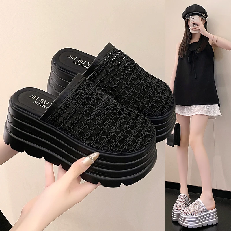 高跟时尚外穿镂空透气编织包头拖鞋女2025夏季新款厚底配裙子凉拖