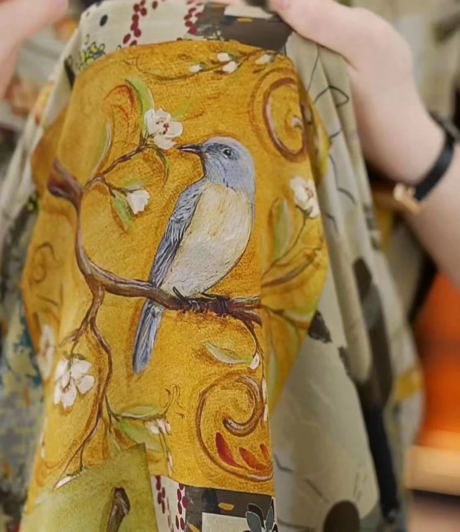 （送腰带）杭州原版正品2025年夏季新款宽肩短袖小鸟枝头连衣裙女