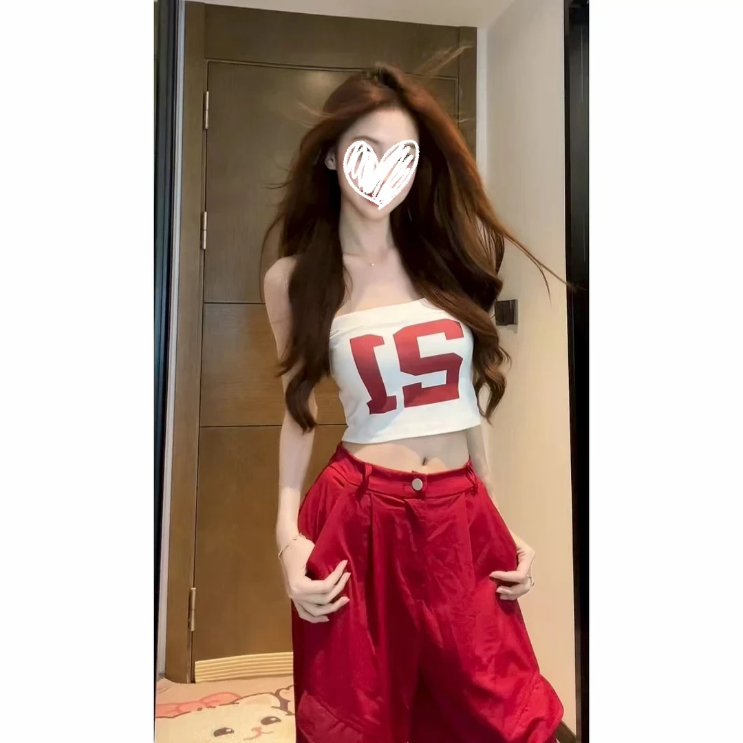 外穿性感美背上衣抹胸背心内搭+压褶宽松阔腿工装裤辣妹风套装