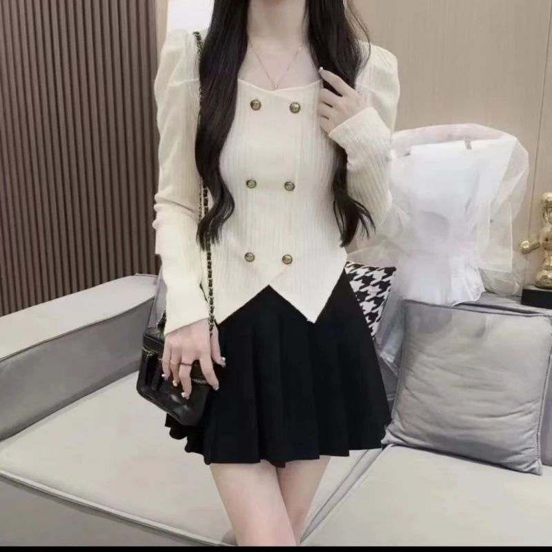 20252025秋冬新款甜美纯欲小香风双排扣长袖修身针织打底衫设计感