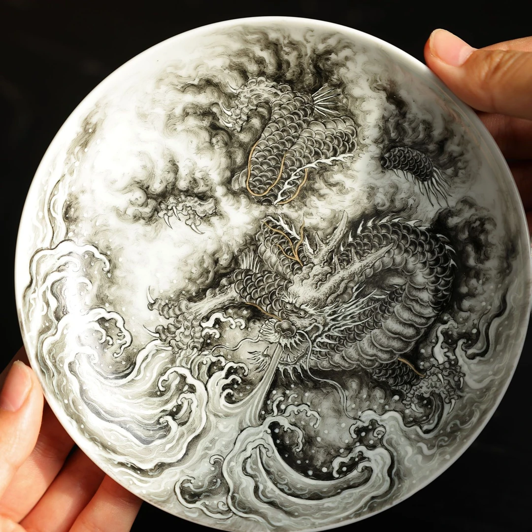 茶圈大魔王茶器景德镇纯手绘【指间彩】墨龙撇口迷你壶承 精致霸气