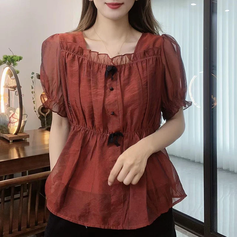 气质方领褶皱短袖衬衫女2025年夏季新款时尚洋气宽松显瘦上衣小衫