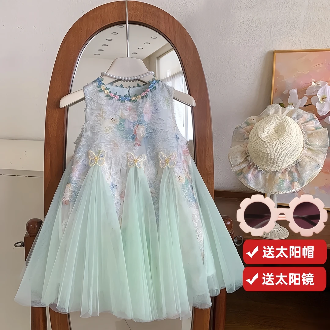 莫奈花园2025新款超仙公主裙韩版无袖洋气连衣裙小女孩花卉纱裙子