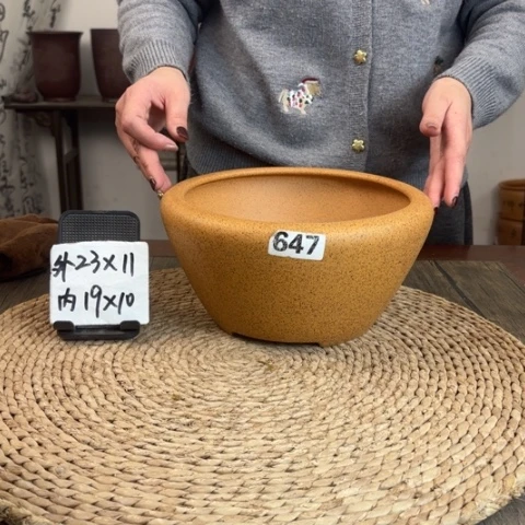 紫砂花盆柴烧光素窝口647
