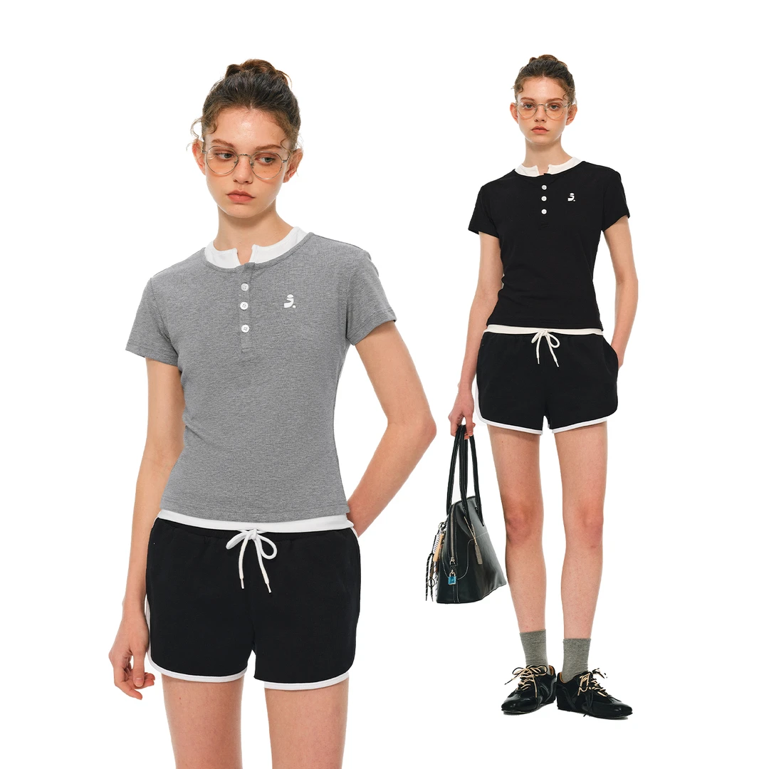 RASS假两件亨利领正肩短袖女款显瘦健身户外休闲夏季跑步时尚