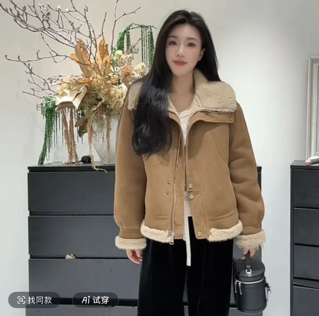 高级皮毛一体鹿皮绒翻领外套冬季2025新款公主貂洋气保暖外套上衣