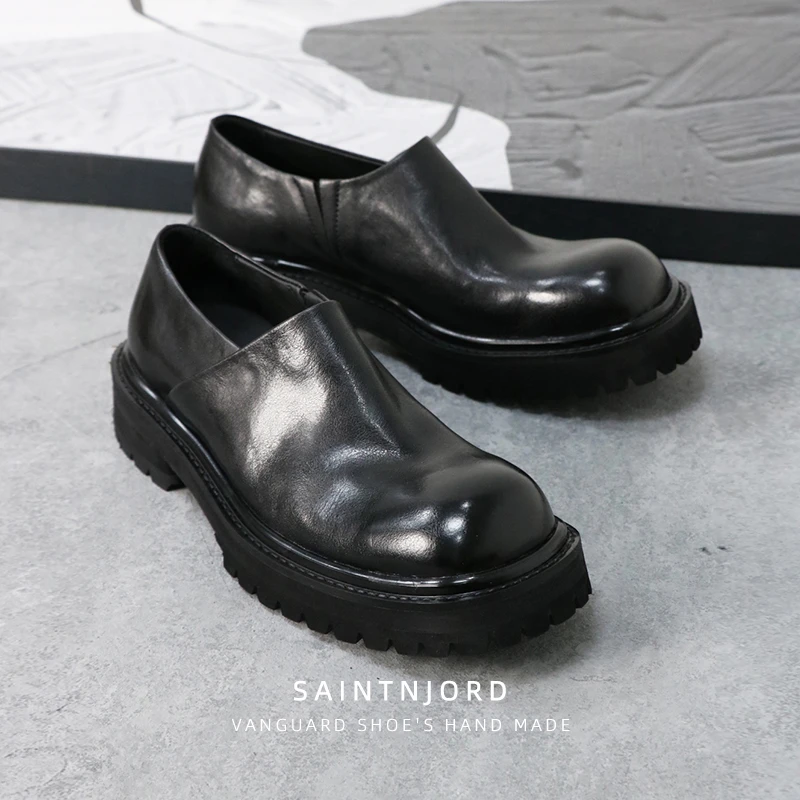 马皮透气复古水洗休闲手工男鞋增高厚底一片式乐福鞋大头浅口套脚