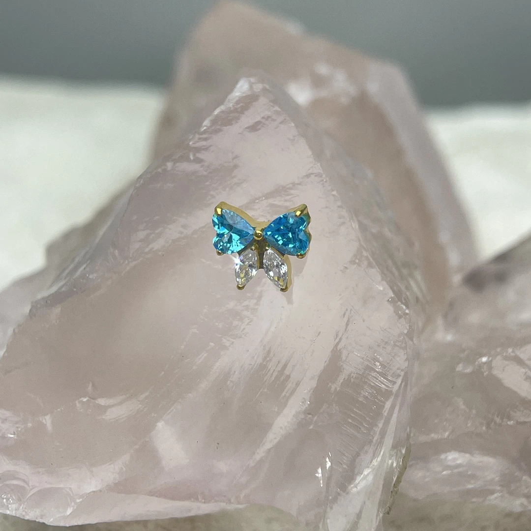 钛合金耳饰 F136钛合金蝴蝶结爱心钻拼色耳钉耳骨甜美内螺旋耳钉