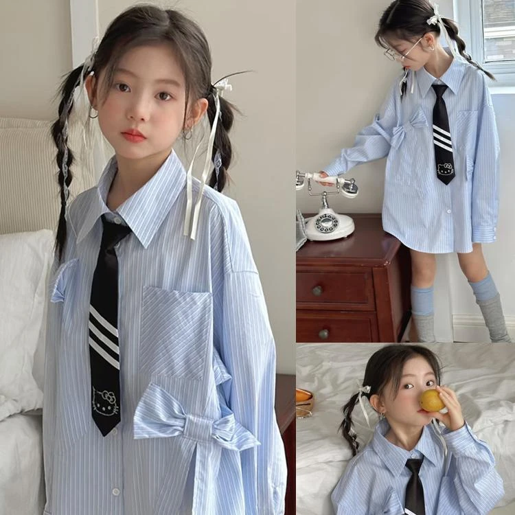 女童衬衫2025春装新款儿童长袖蓝色条纹衬衣学院风初中生春秋上衣