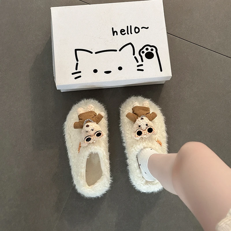 韩版可爱卡通小熊居家毛毛拖鞋女2025新网红秋纯色毛拖鞋包头拖鞋