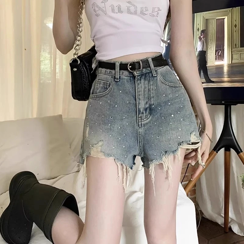 美式热辣高腰短裤女2025夏新款烫钻破洞A字牛仔裤显腿长热裤