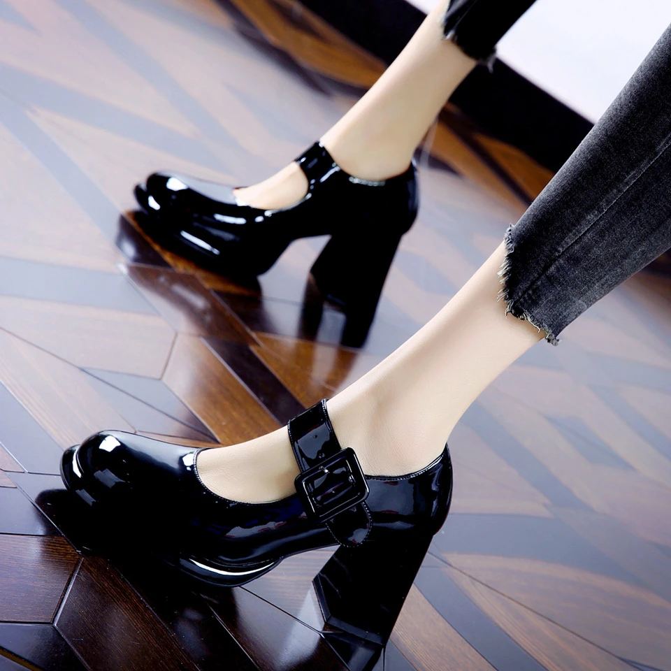 7CM[已开价]皮带扣粗跟单鞋女2025春季优雅漆皮方头高跟鞋1059-1