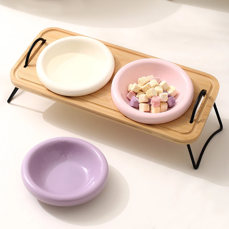 奶油风陶瓷猫碗护颈椎猫咪宠物喝水碗狗狗食盆分体式倾斜双碗木架