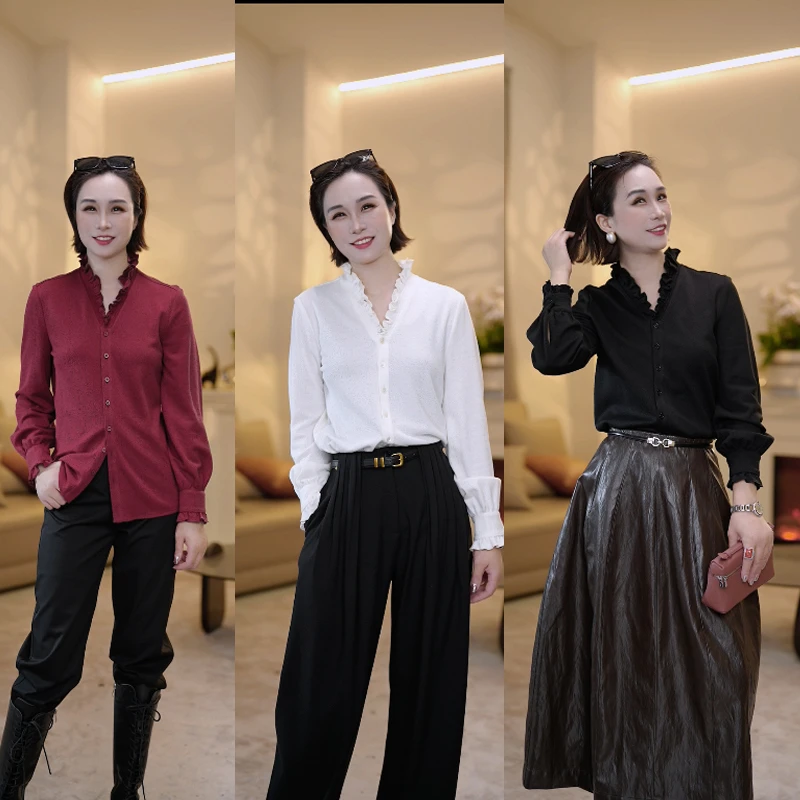 【赞妈甄选】白色木耳边女士长袖衬衫ZM1873N
