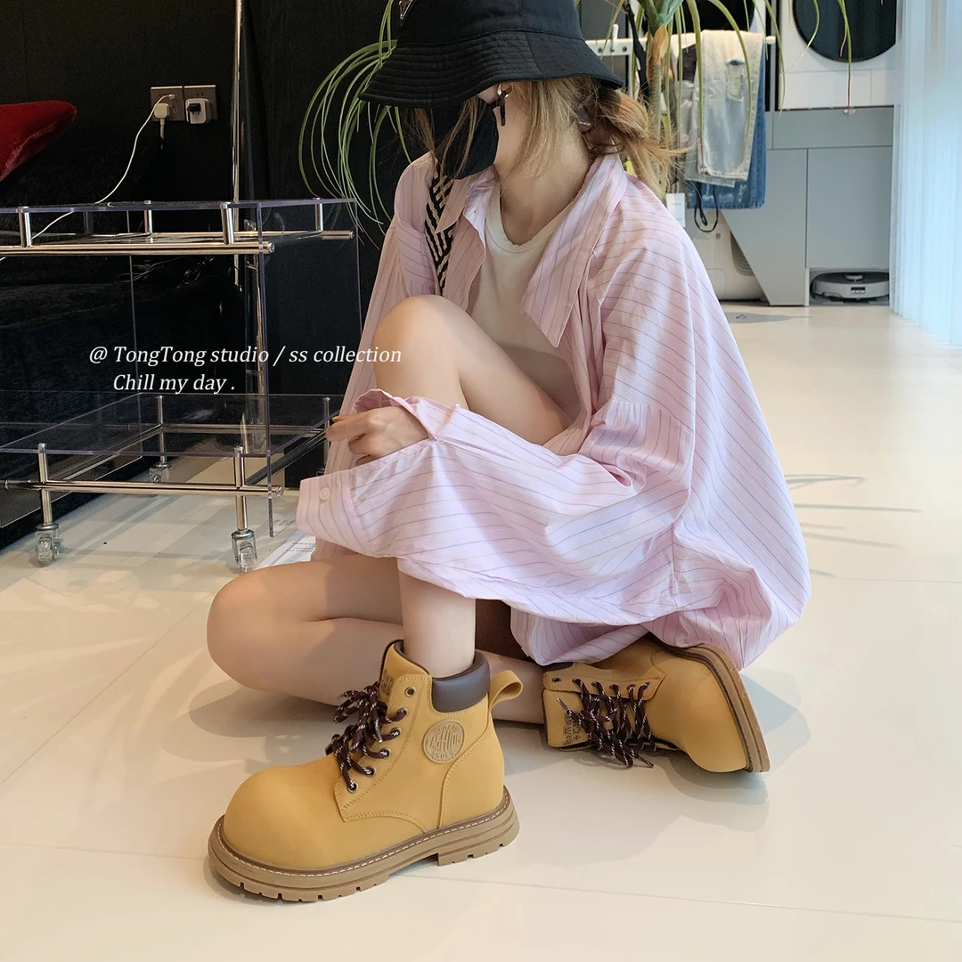 TONG潼潼厚底大头马丁靴女2025新款耐脏工装大黄靴小个子增高短靴