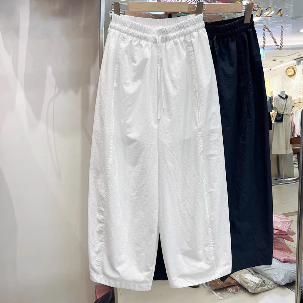 欧货松紧腰宽松显瘦休闲裤女夏季极简风薄款直筒裤纯色阔腿九分裤