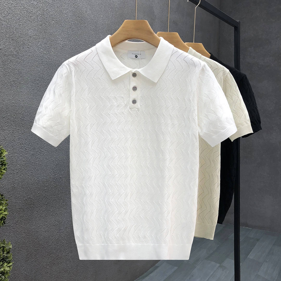 设计感镂空翻领薄款短袖针织衫男潮流春夏季半袖毛衣2025新款上衣