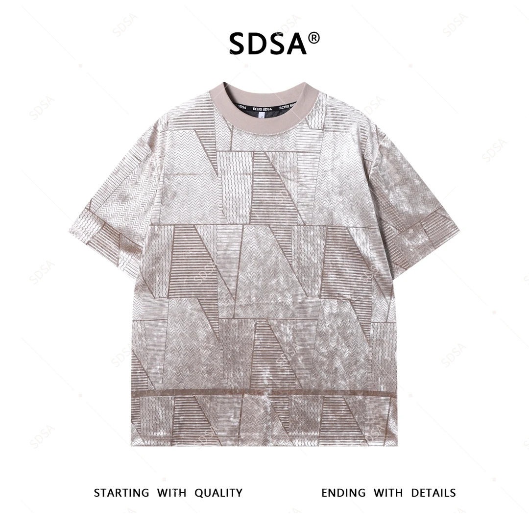 夏季高级感新款美式潮牌提花线条圆领短袖T恤显瘦百搭套头上衣