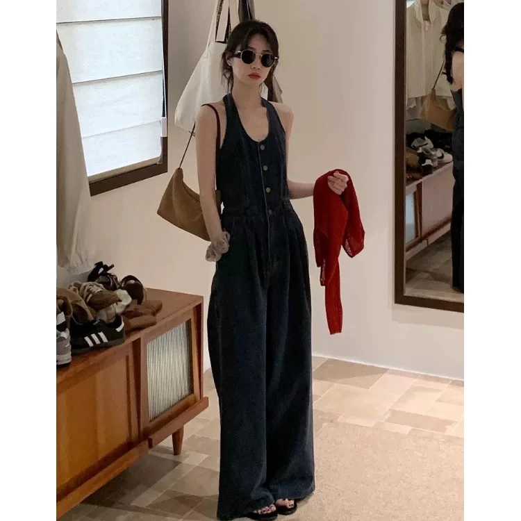 夏季复古港风显瘦挂脖式牛仔背带连体阔腿休闲裤