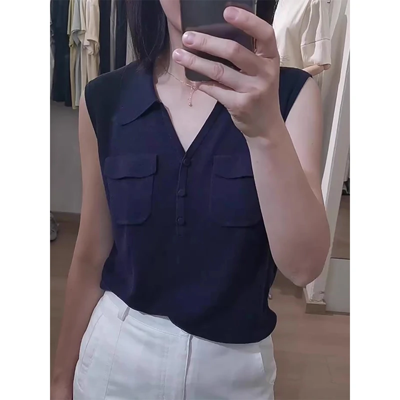 大码夏季简约风翻领气质无袖T恤女胖妹妹高级感显瘦百搭别致上衣