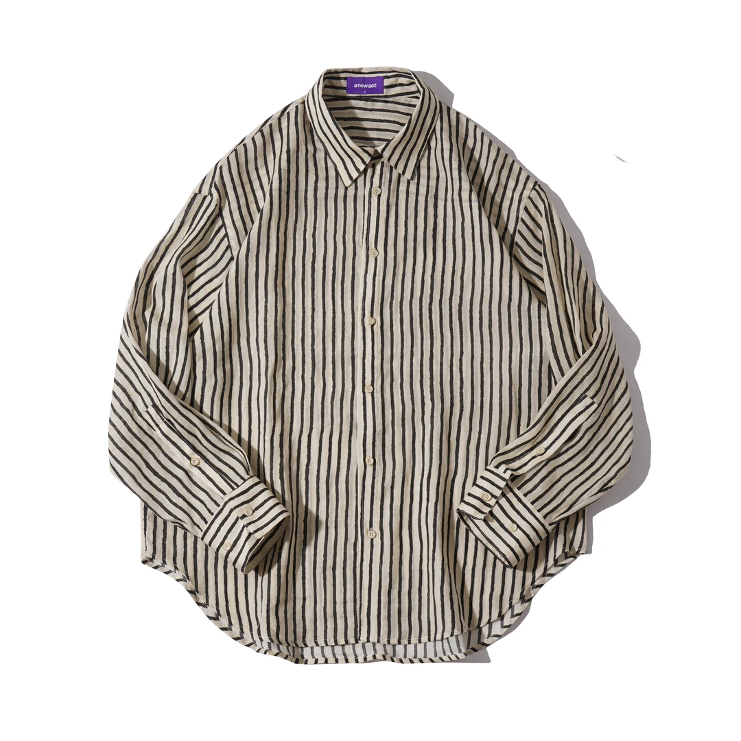 紫标anew act  苎麻条纹时装慵懒感休闲短袖衬衫 1341