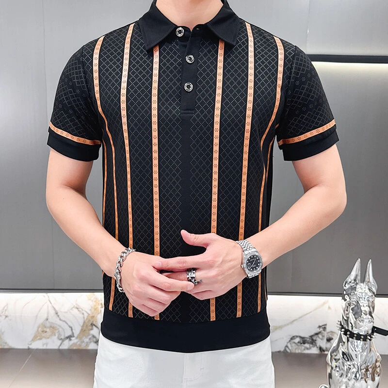 2025夏季新款条纹男士翻领polo衫帅气潮流潮牌修身时尚上衣