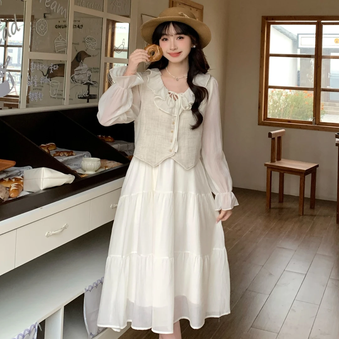 慕兔法式甜美马甲开衫搭配荷叶边连衣裙两件套女2025秋季新款套装