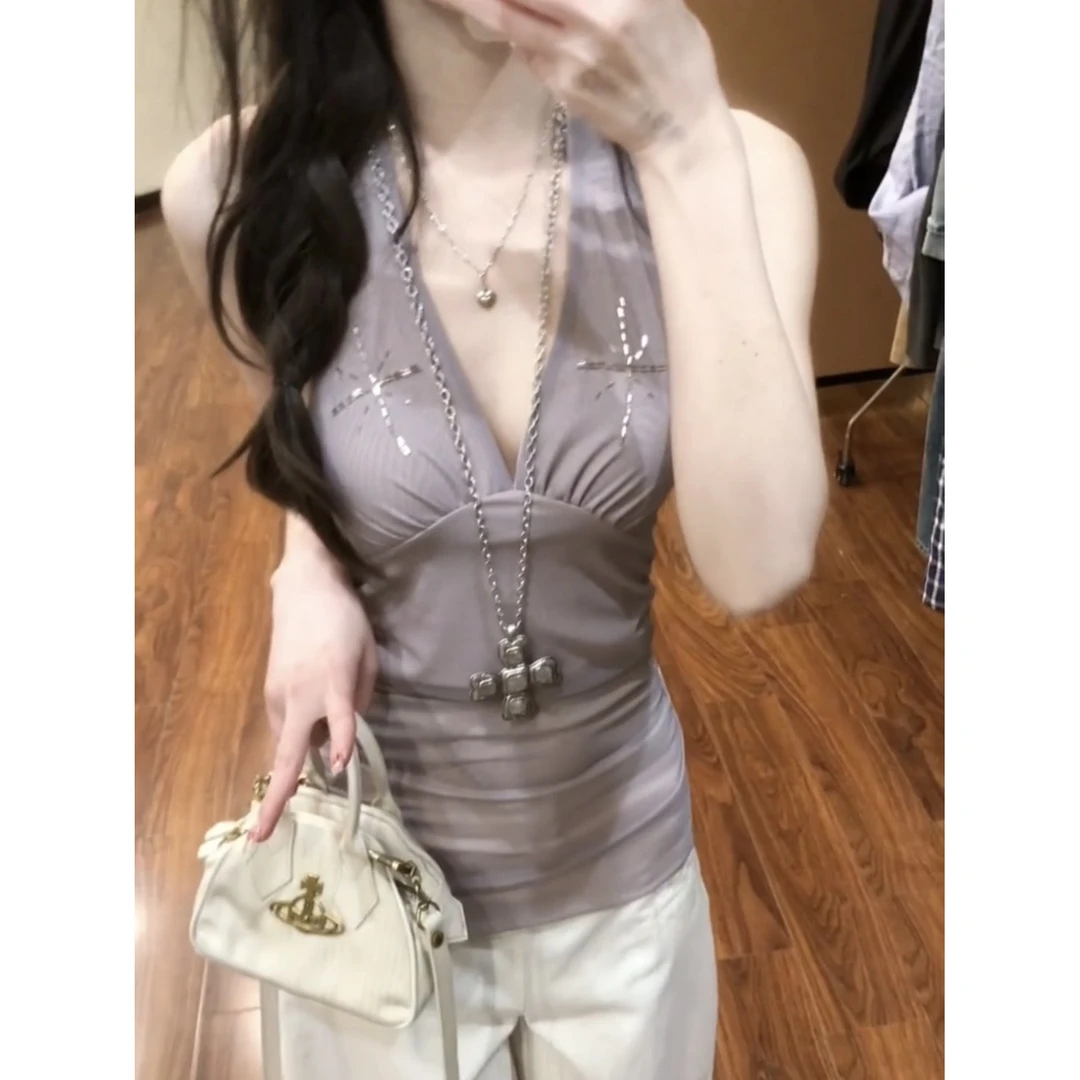 美式辣妹挂脖设计感吊带背心女2025夏v领微透收腰显瘦无袖上衣潮