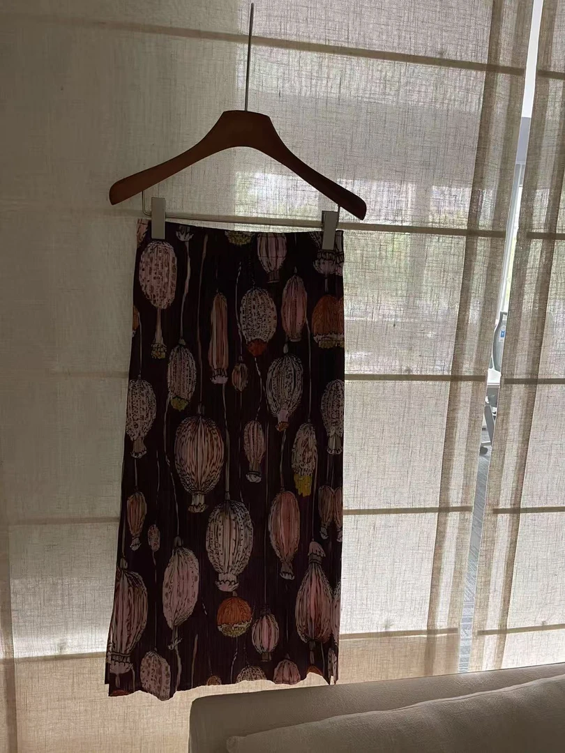 夏季新款高级气质百搭印花显瘦三宅褶皱半身裙