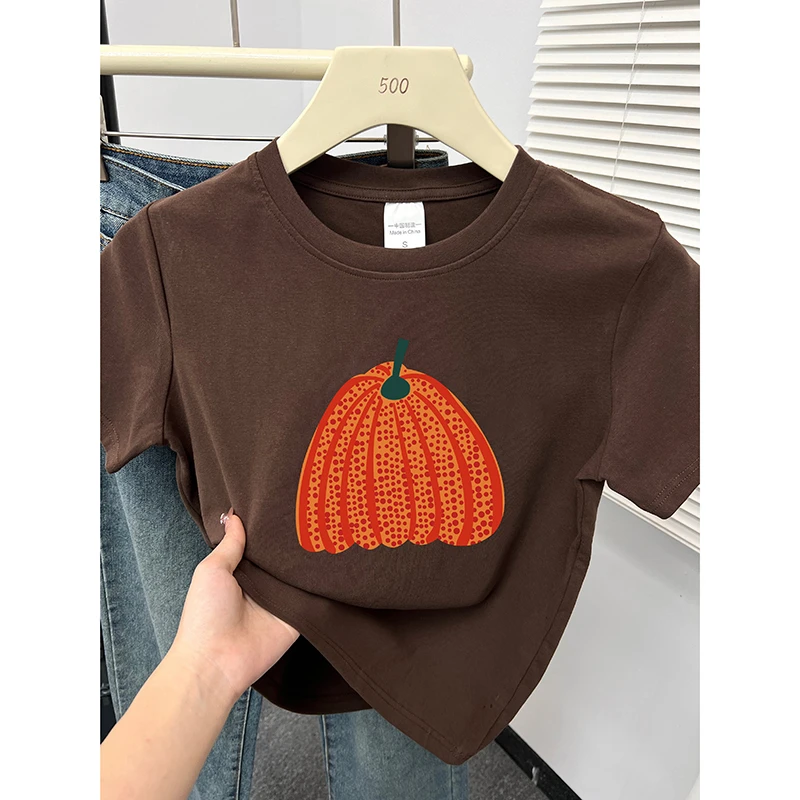 春夏季2025新款正肩短袖t恤女装爆款时尚圆领南瓜印花显瘦上衣潮