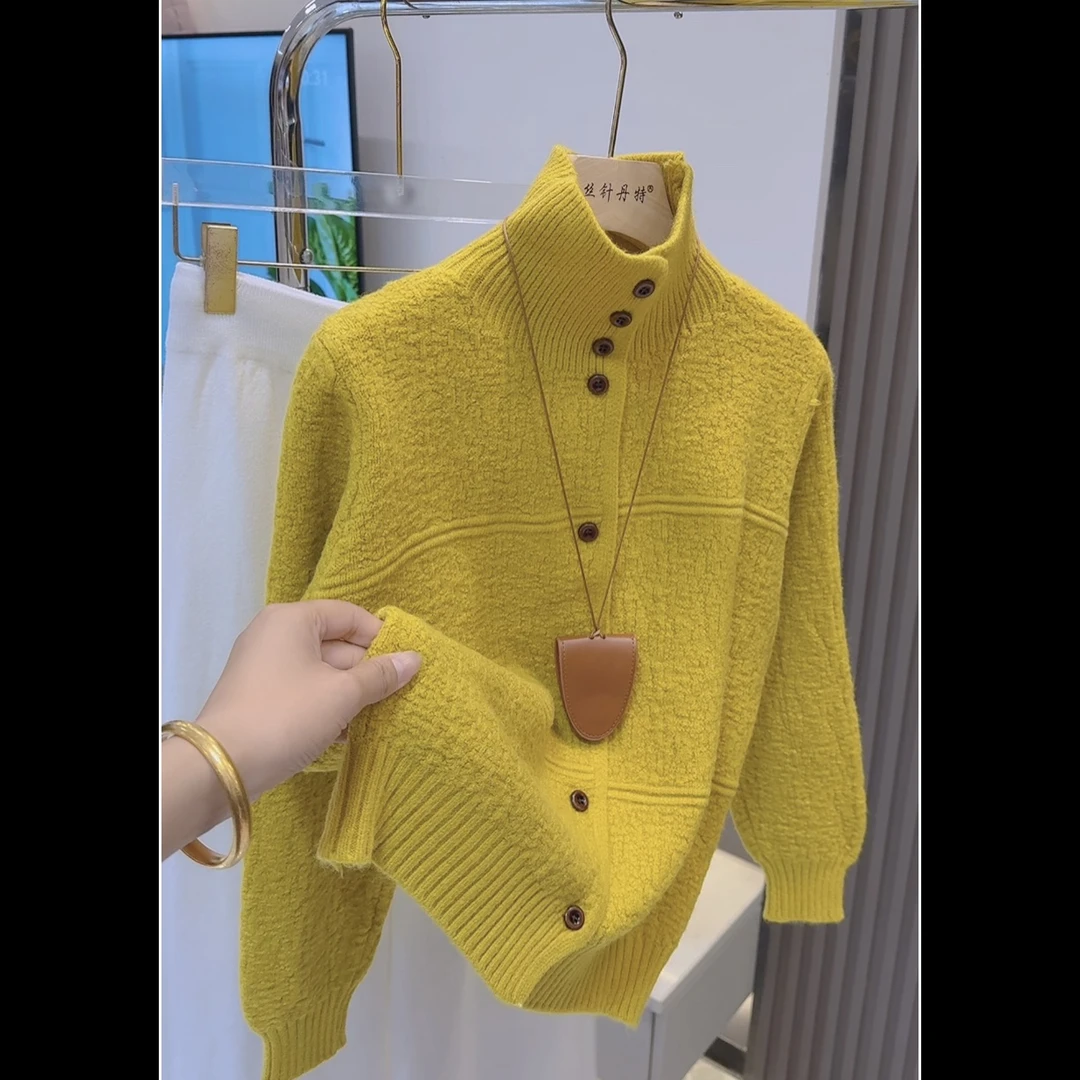 肌理感半高领针织衫开衫女2025秋冬新款韩系百搭宽松插肩袖毛衣潮