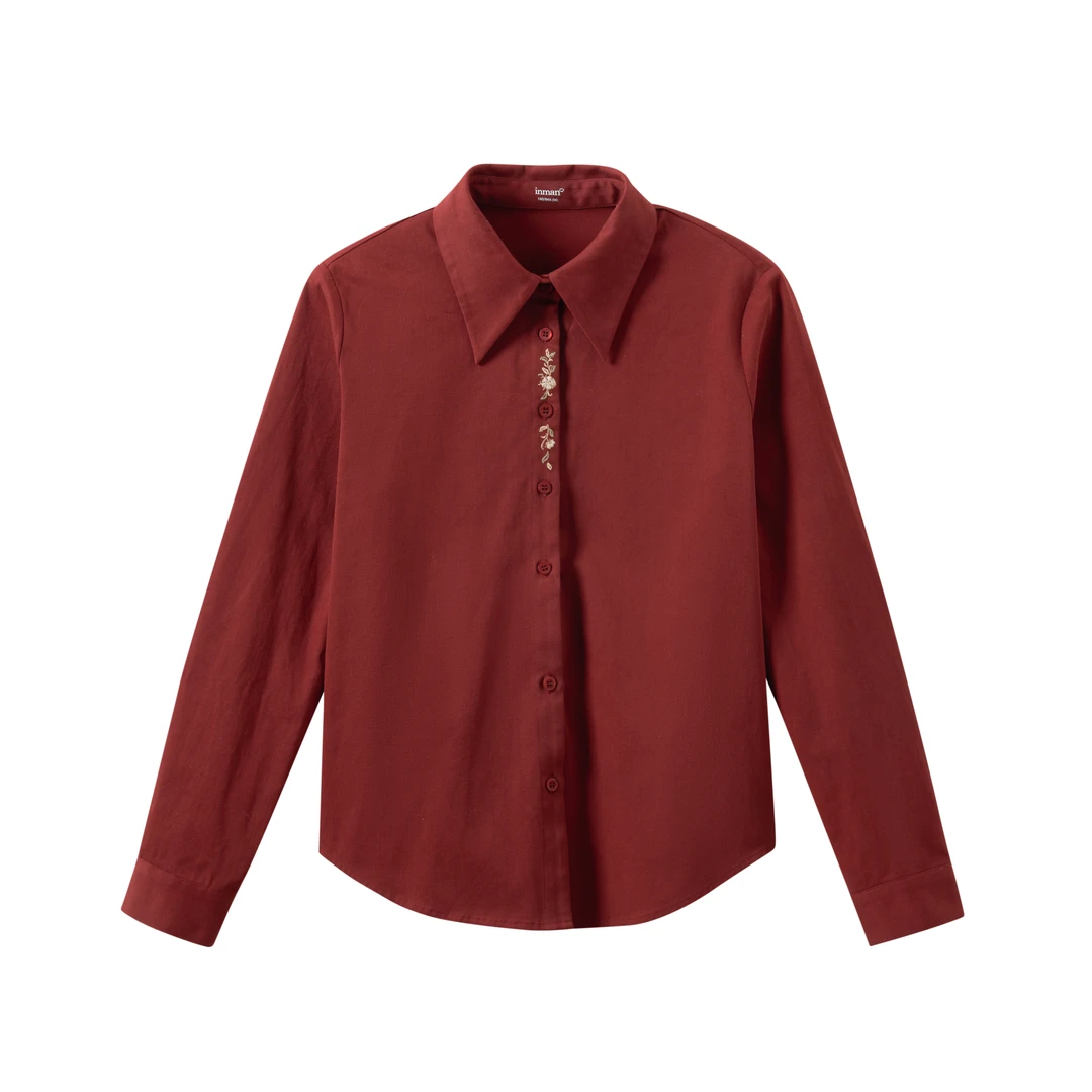 茵曼冬季女衬衫衬衣上衣长袖女装新款气质宽松刺绣休闲通勤精致