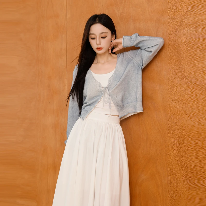 【秋季新款】AIRIQI落肩V领薄款罩衫卷边棉麻温柔系带开衫AX43KS015