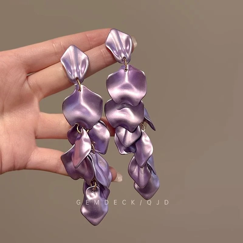 复古夸张紫色流光花瓣耳环女轻奢个性小众高级感耳钉长款精致耳饰