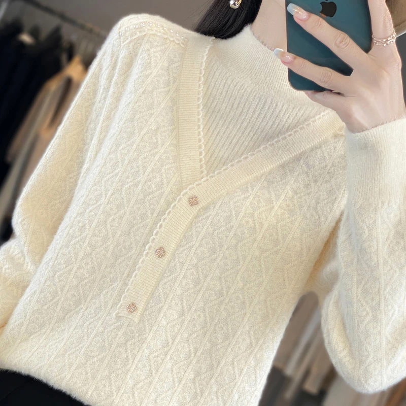 秋冬半高领毛衣女蕾丝纯色仿貂绒软糯针织衫优雅气质百搭打底上衣