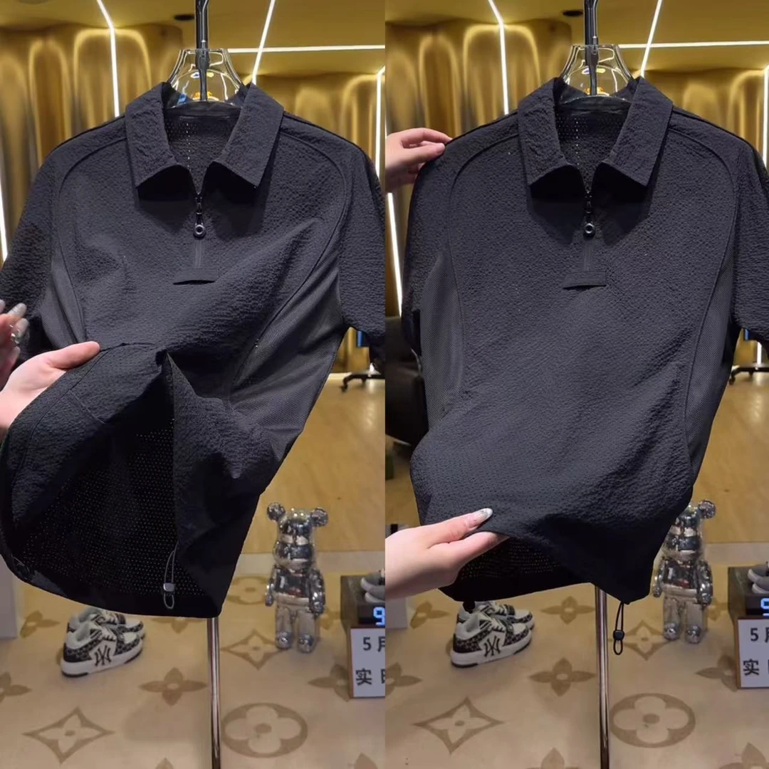 2025夏季新品半拉链户外休闲短袖T恤男士潮流百搭时尚ins帅气上衣