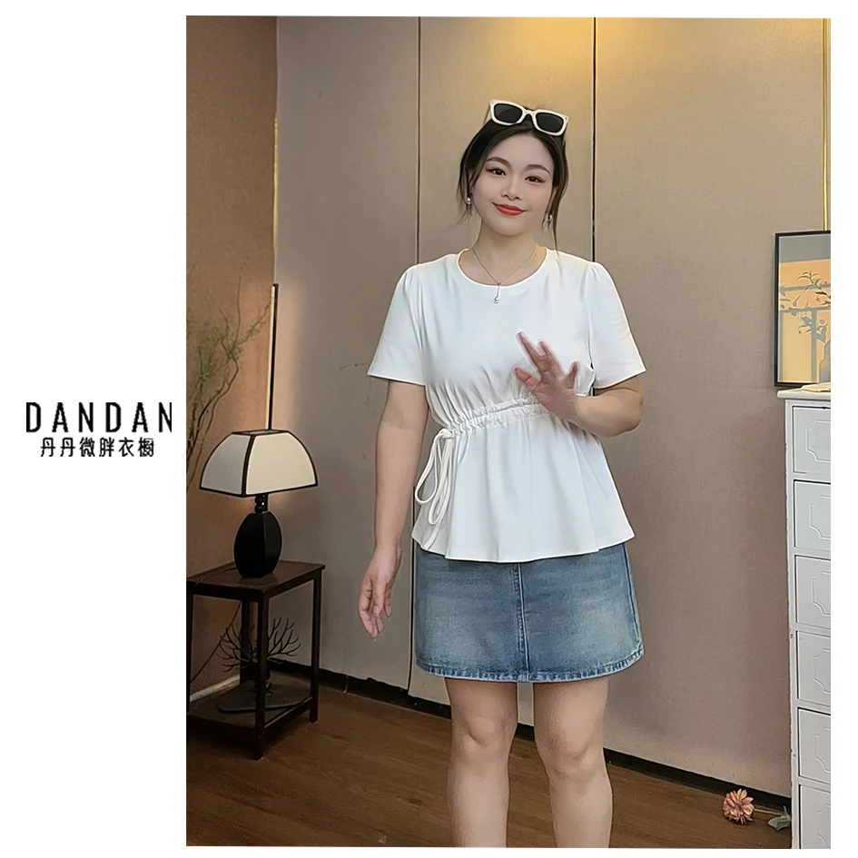 丹丹微胖2025夏季新款设计感抽绳收腰显瘦正肩T恤