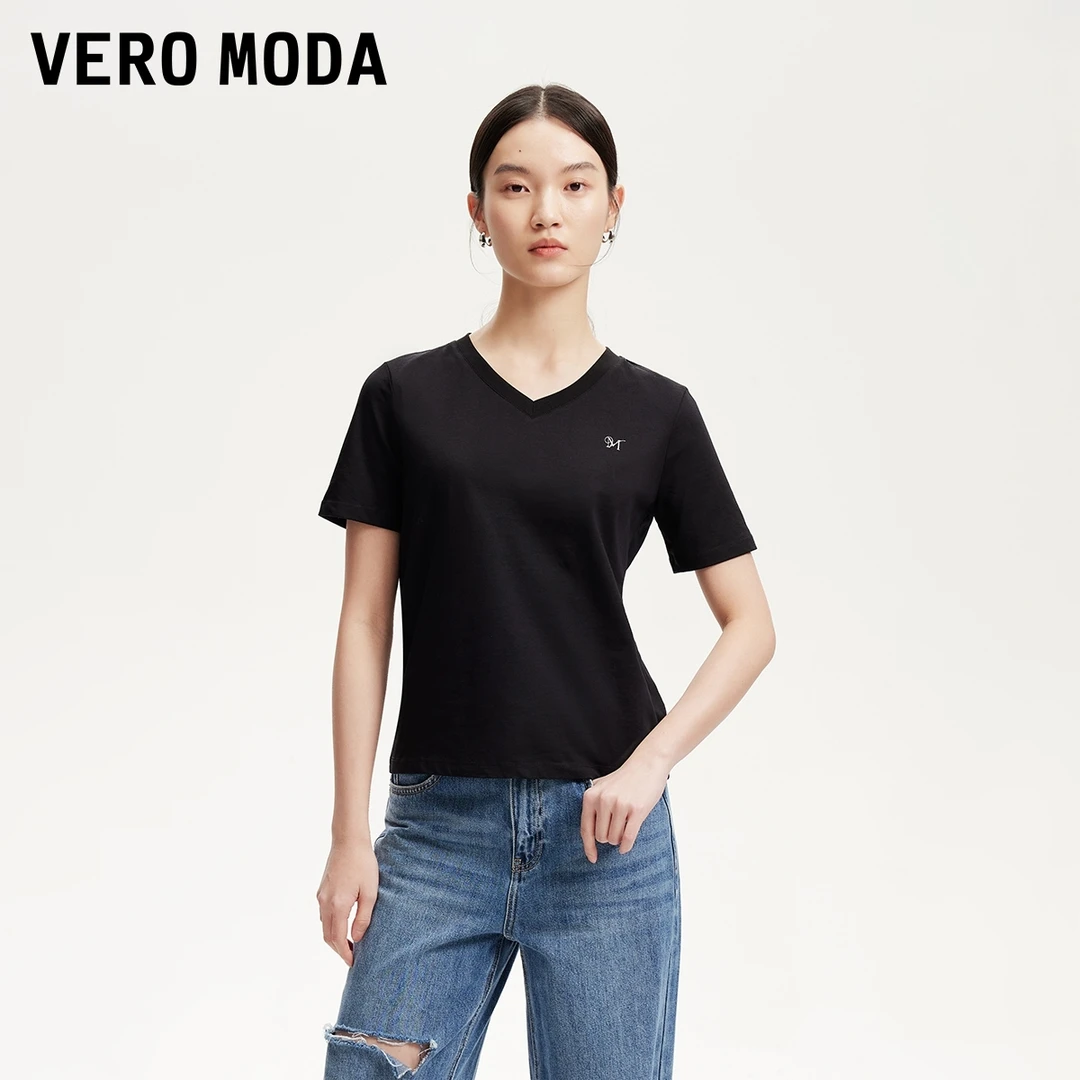 Vero ModaT恤2025秋季新款纯棉纯色V领字母印花基础上衣325301026