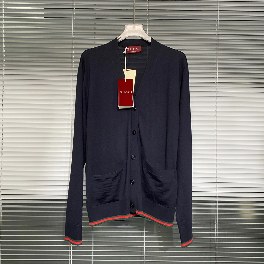 未使用 GUCCI/古驰 25早春 红绿条纹羊毛衫 针织开衫 深蓝色 k937