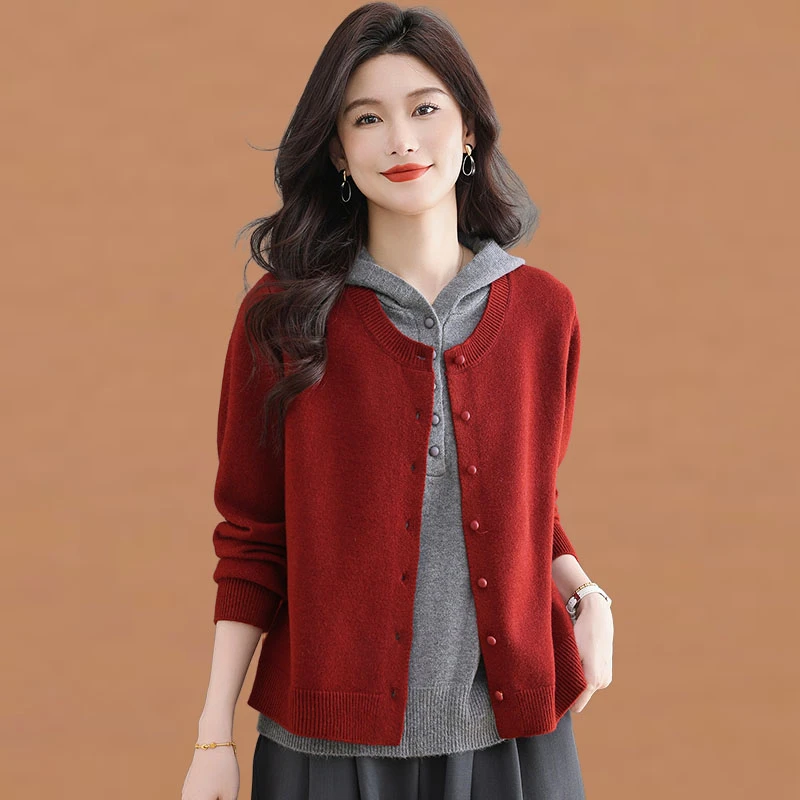 连帽洋气针织衫卫衣女2025新款春秋短款假两件撞色打底衫毛衣上衣