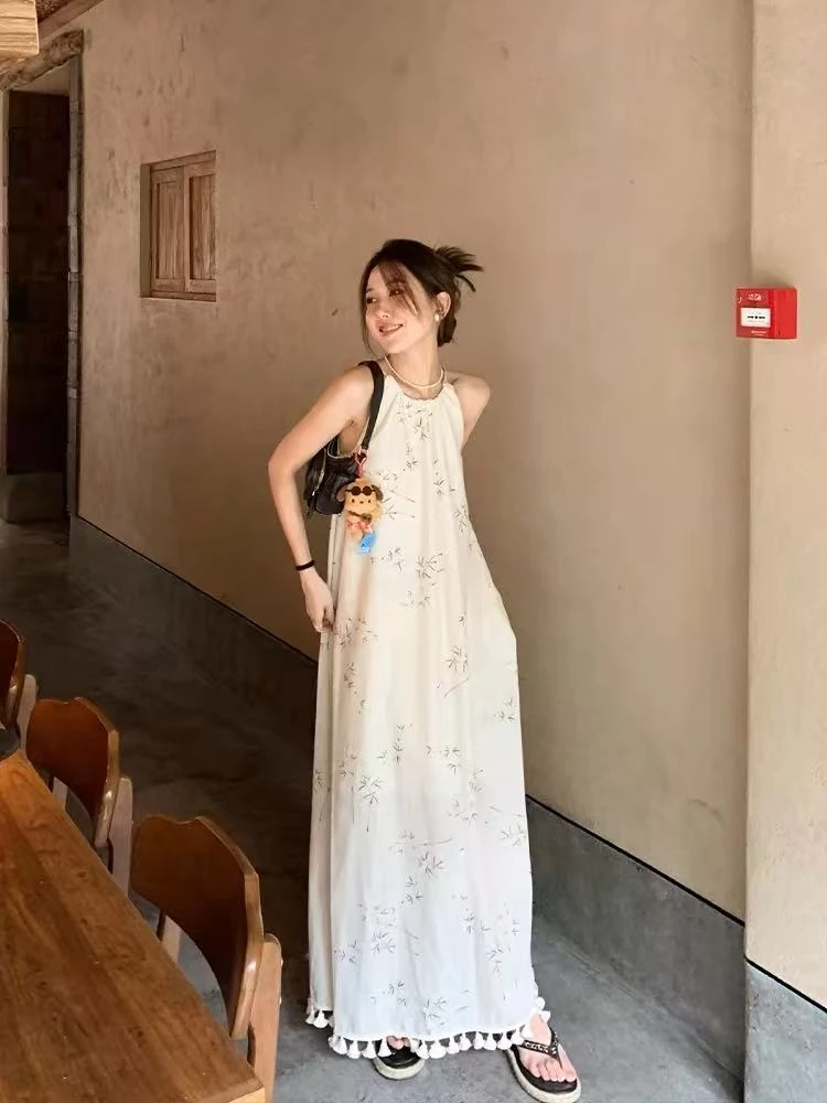 清！新中式显高显瘦竹叶印花挂脖毛边流苏连衣裙吊带裙
