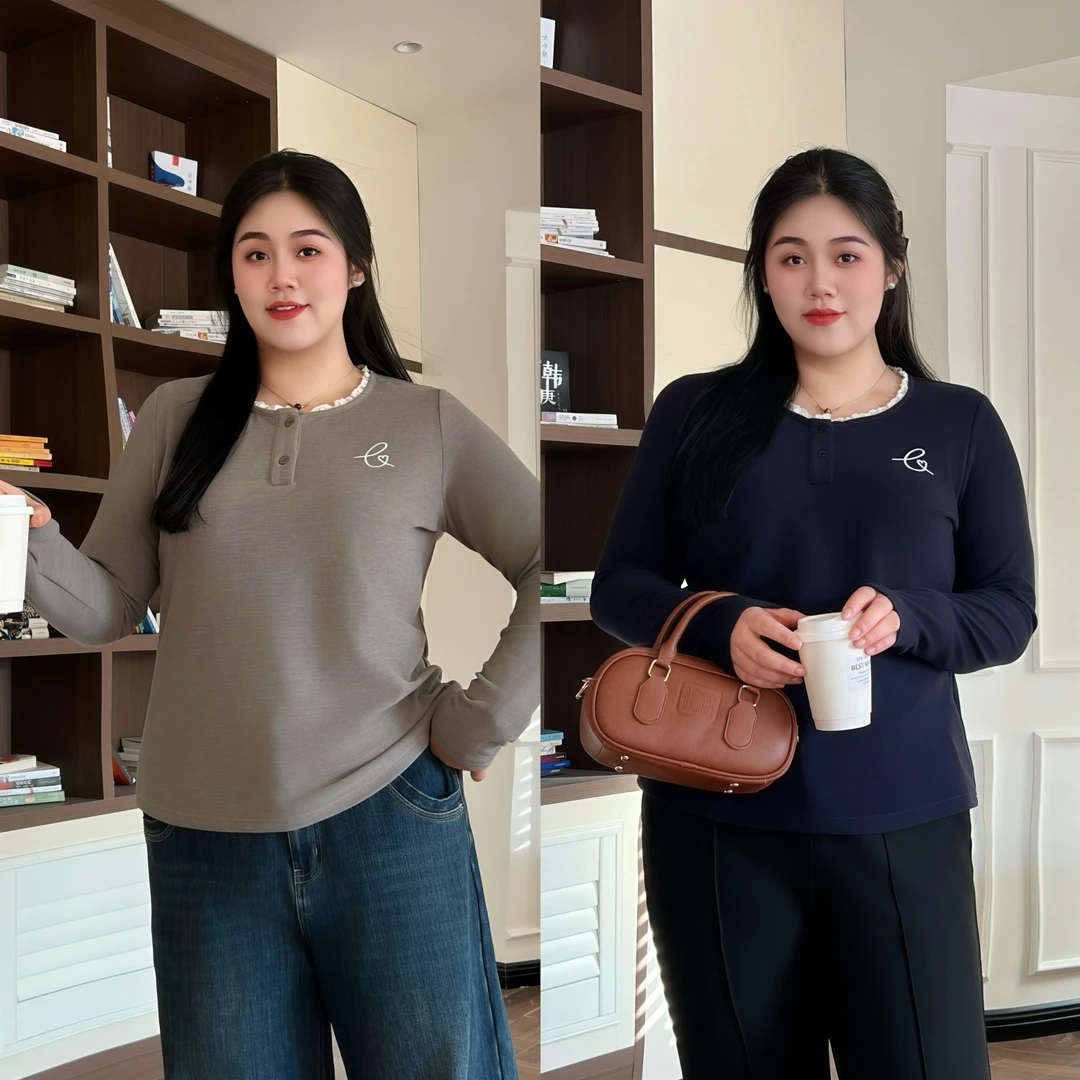 花契“罗马晴画”大码女装冬季显瘦200斤胖mm蕾丝温柔风T恤16021-F