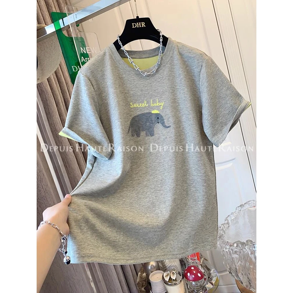 胖妹妹大码240斤独特超好看美式小象撞色短袖T恤宽松打底衫上衣女