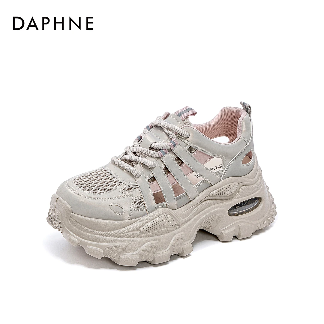 达芙妮2025年时尚百搭休闲夏季新款镂空透气系带松糕厚底老爹鞋女