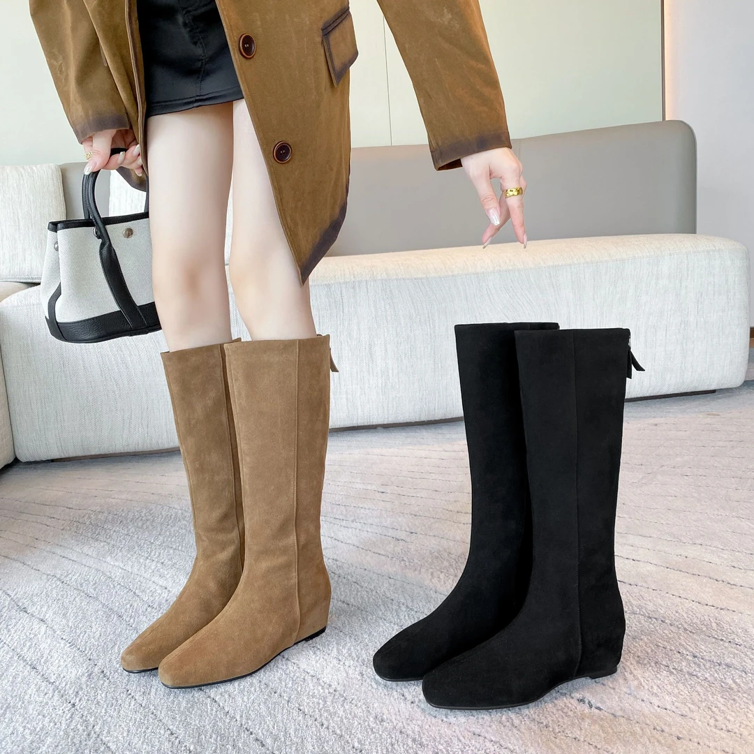 粗腿牛皮靴子加肥加宽大筒围长筒靴胖mm骑士靴大码高筒直筒靴P088