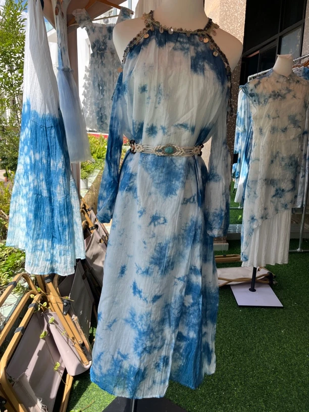 纯植物板蓝根手工扎染蓝色带袖文艺长裙度假出行必备