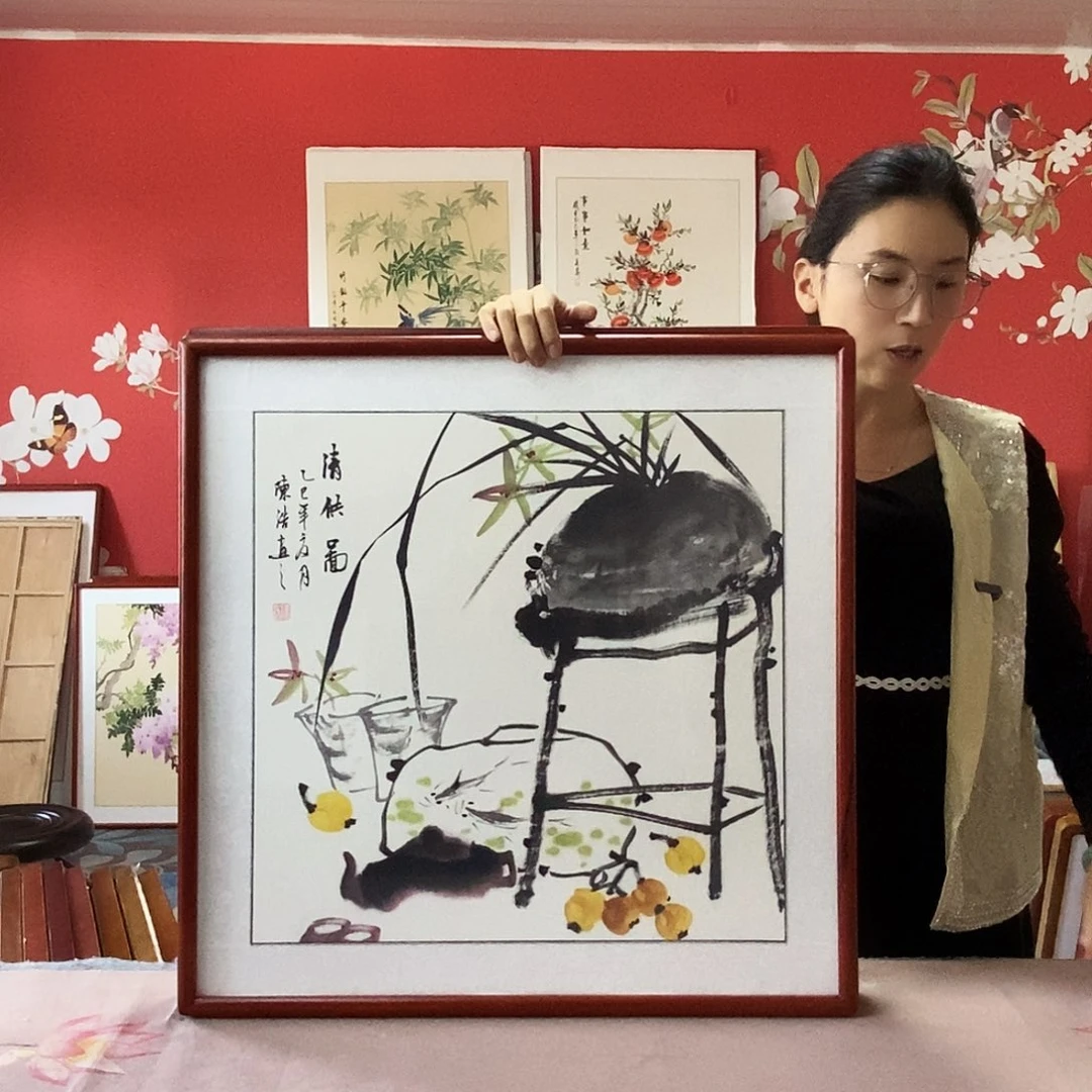 国画手写手绘带框包邮国画作品62✖️62