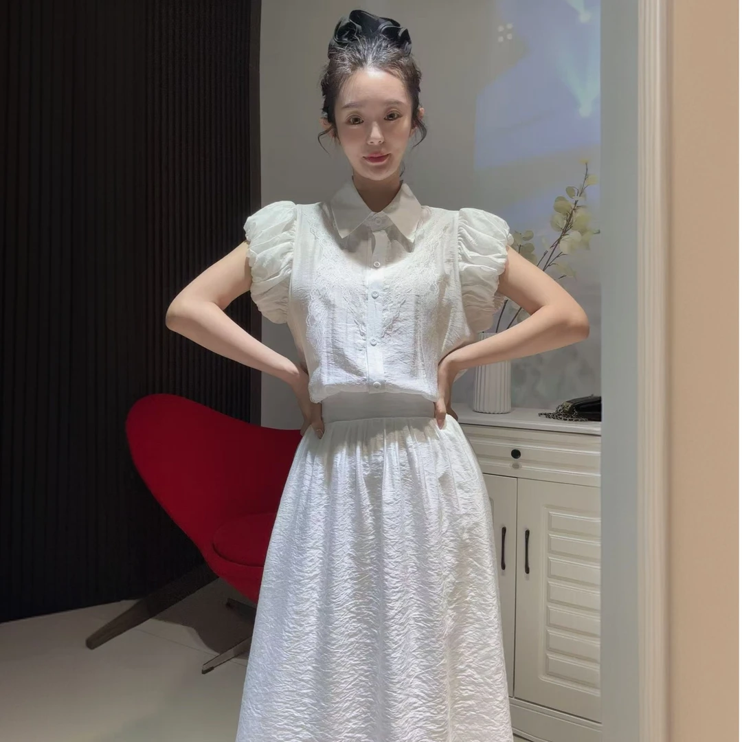 韩版设计感花苞袖蕾丝拼接假两件系带显瘦衬衫连衣裙25114