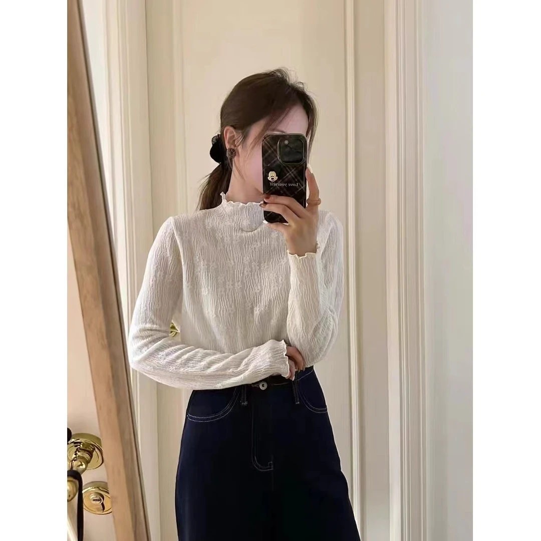 HMY5091805 2025新款温柔甜美轻薄提花木耳领打底衫