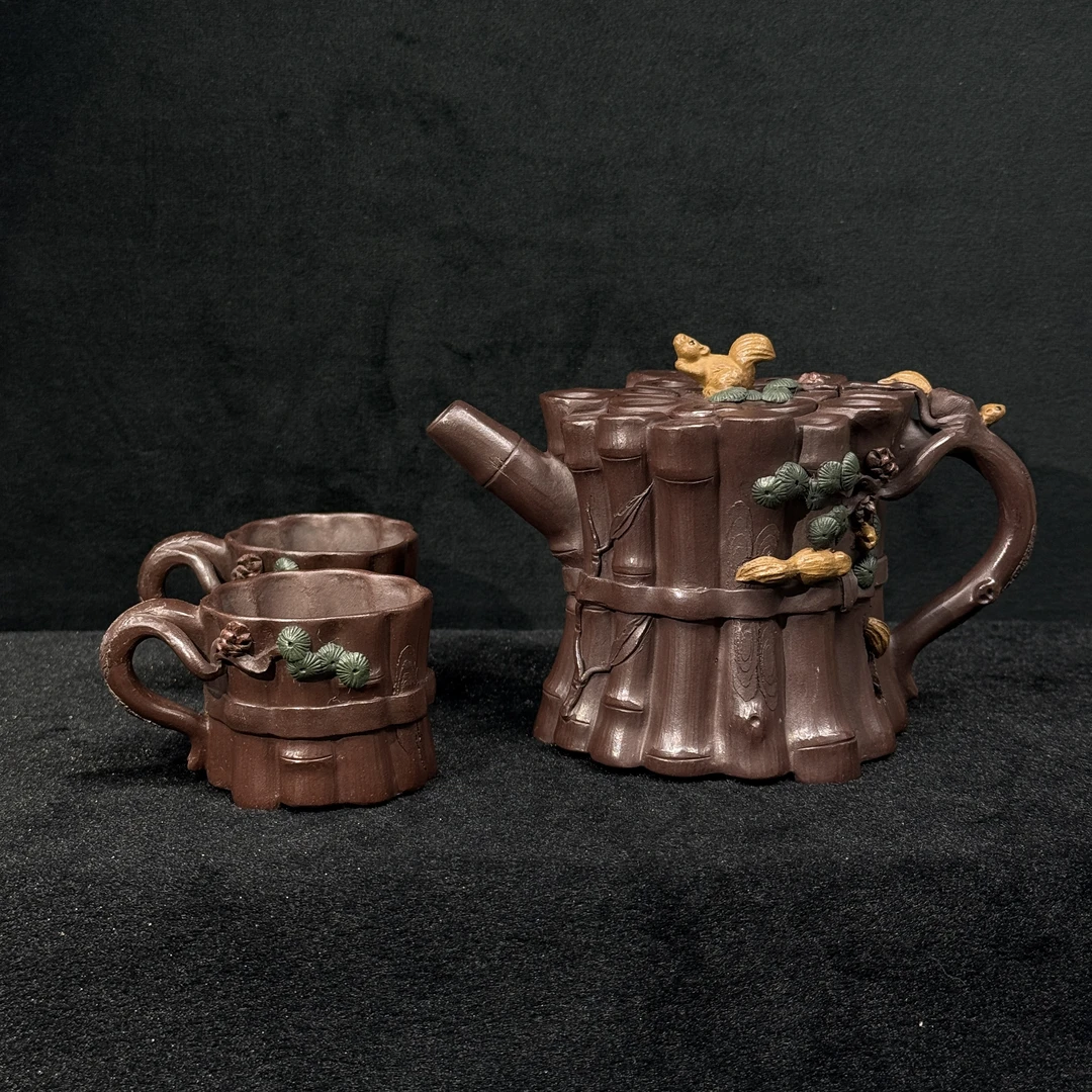 28/JXK053/蒋锡坤/紫砂壶一捆竹套组/紫茄泥